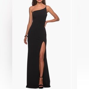 La Femme One Shoulder Jersey Gown Black Size 12